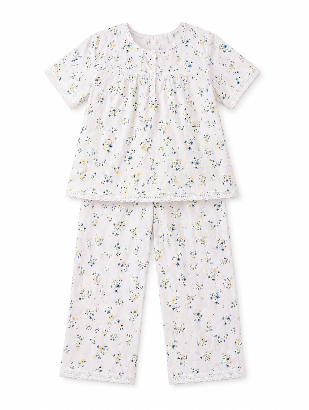 APPLESEED'S  Pajama Set With Lace Trim Ditzy Print Soft ,Comfortable Cotton LRG